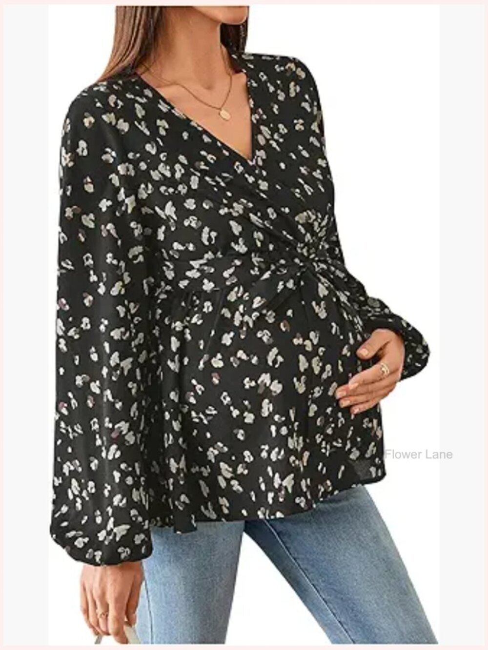 Maternity Blouse Long Sleeve V Neck Wrap Top with Ruffle Belted